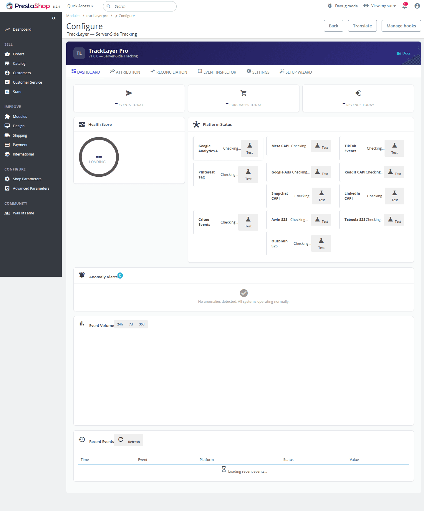 Capikit PS Dashboard — Health Score, platform status, event volume, anomaly alerts