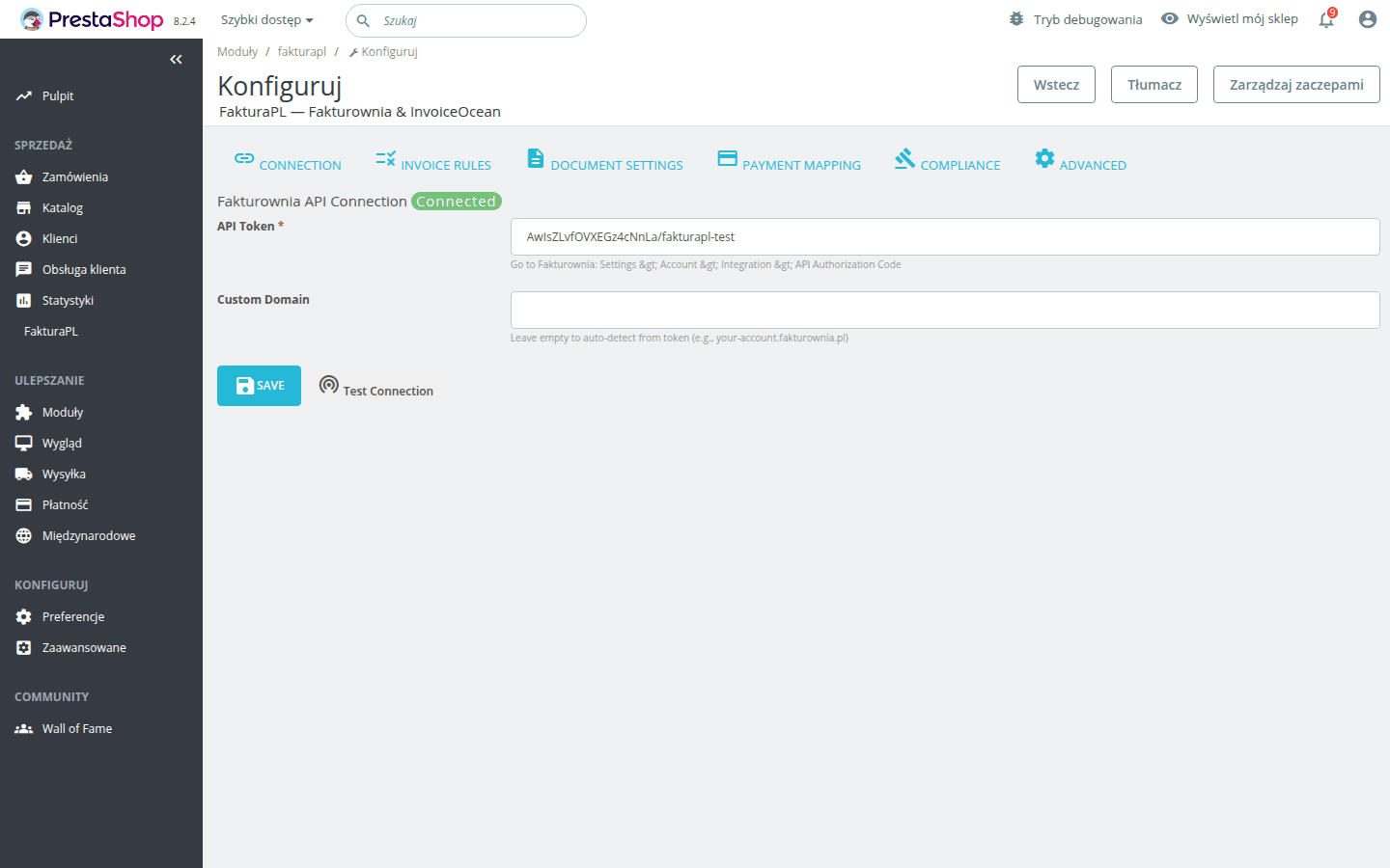 Connection settings with one-click API test and status indicator