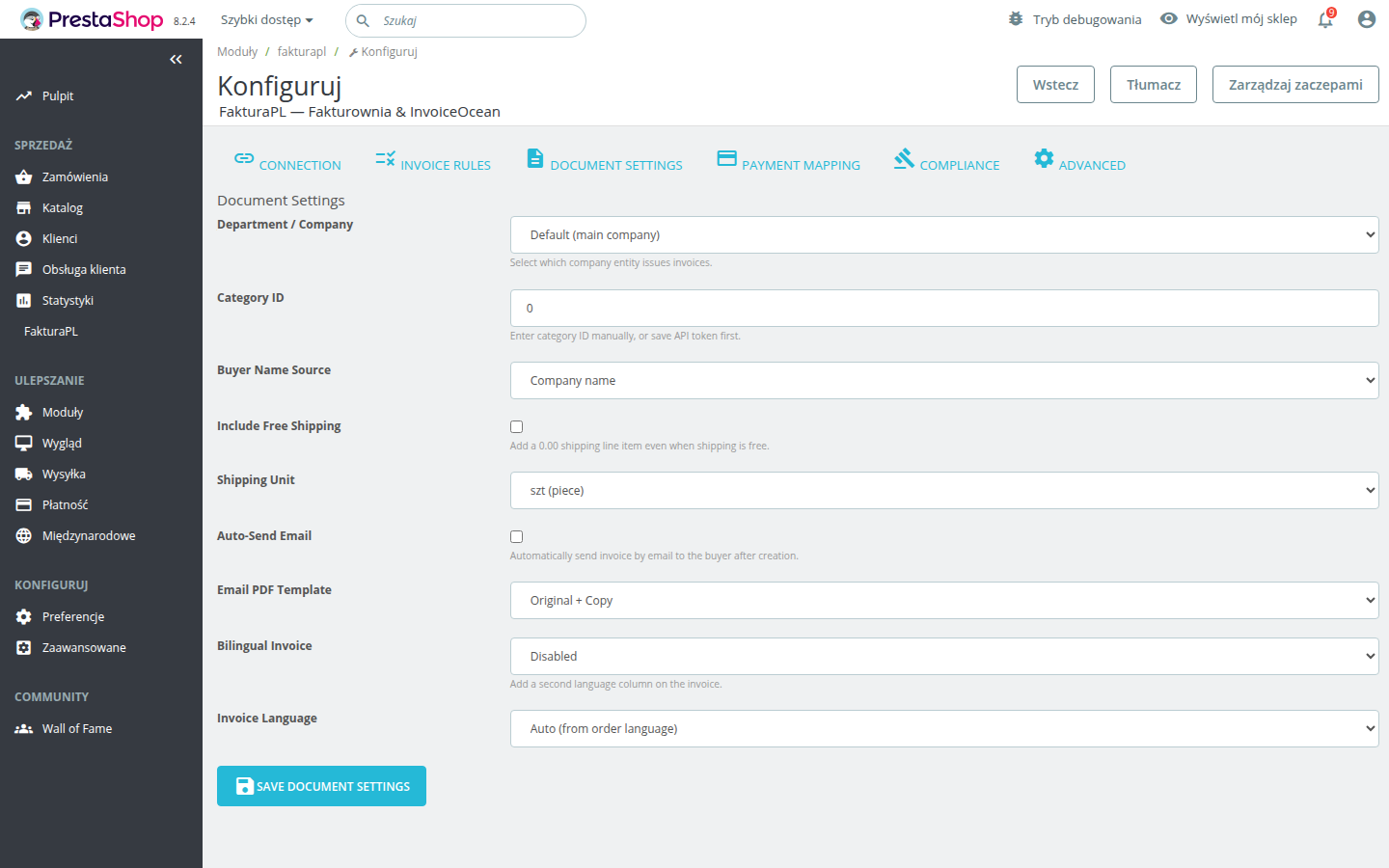 Document settings configuration panel