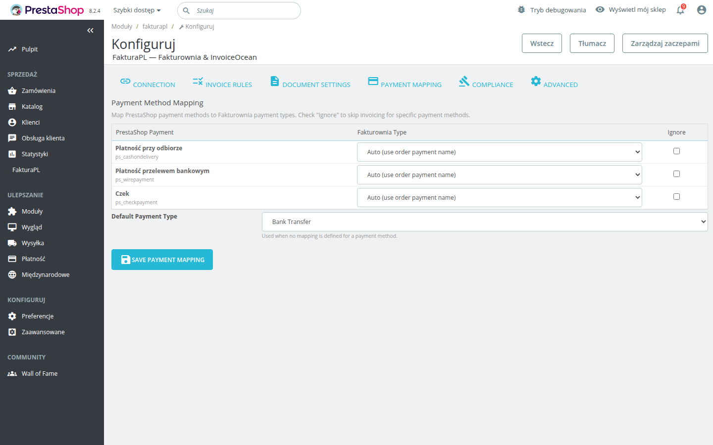 Payment configuration settings panel