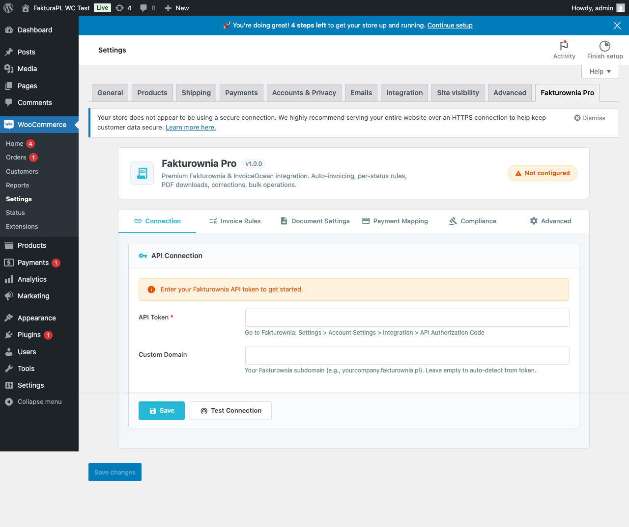 Fakturownia Pro dashboard after first install โ connection prompt and status overview