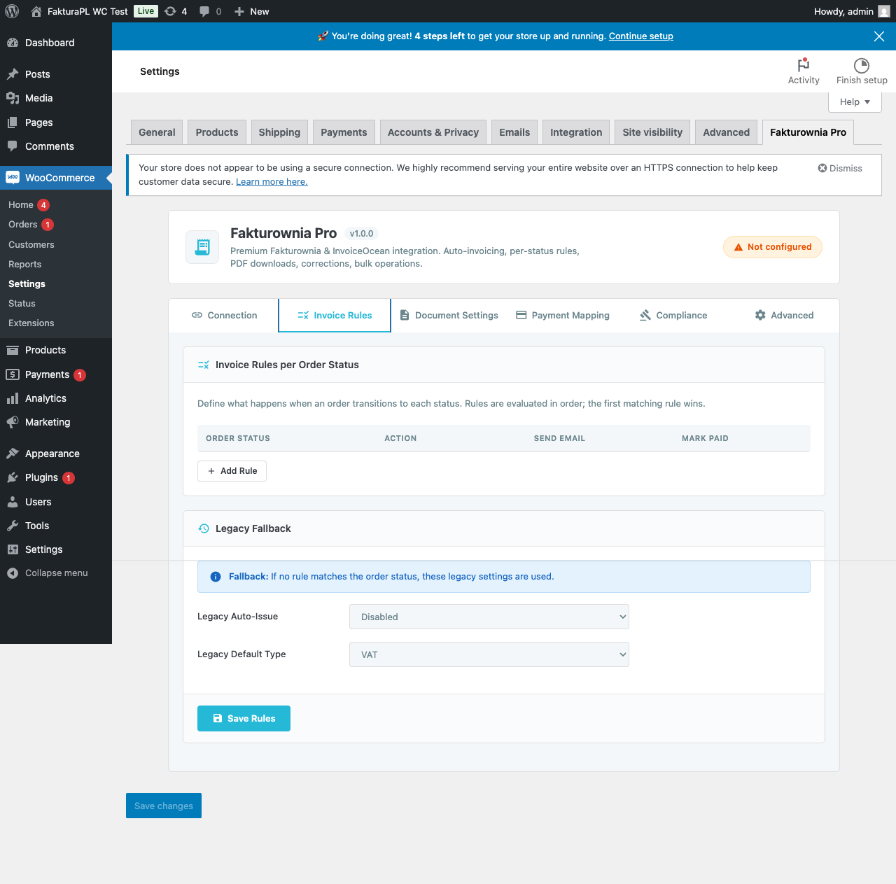 Invoice rules setup โ configure per-status actions immediately after connecting your account