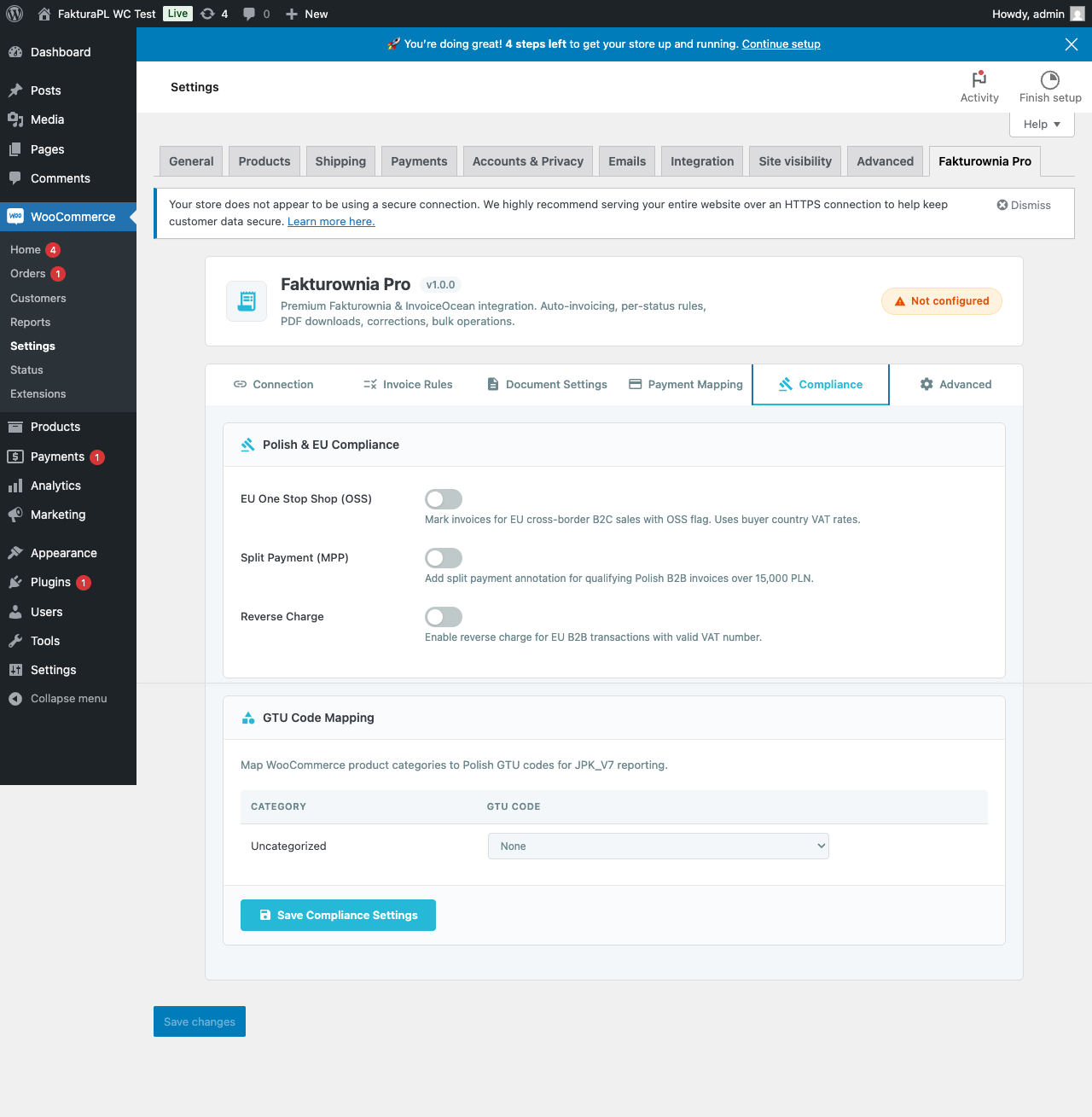Compliance settings panel showing OSS, MPP, GTU, and reverse charge options
