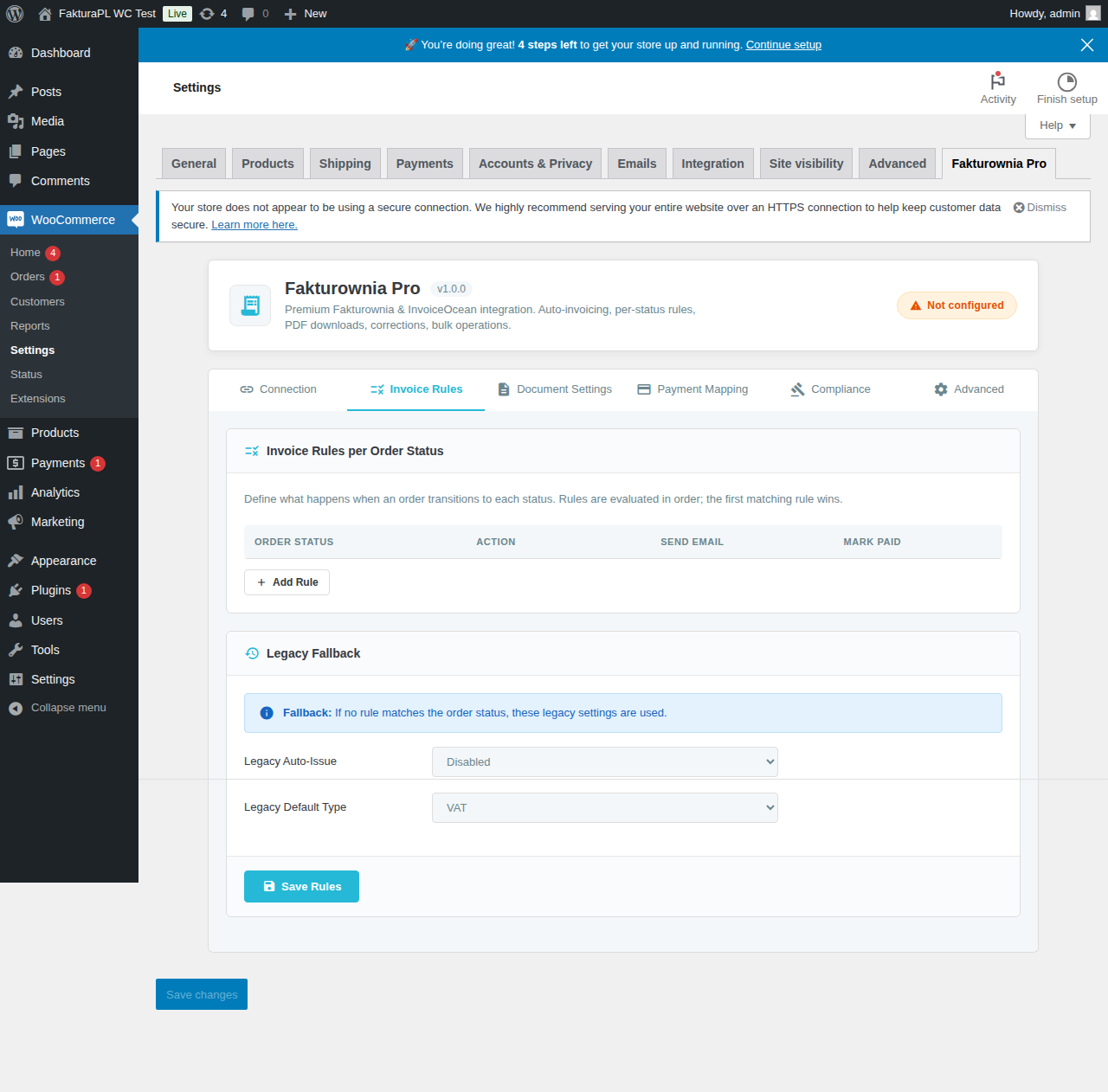 Invoice rules configuration showing per-status rule setup