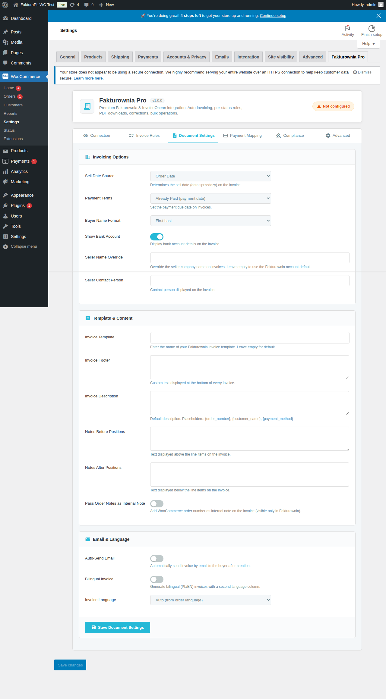 Document settings tab