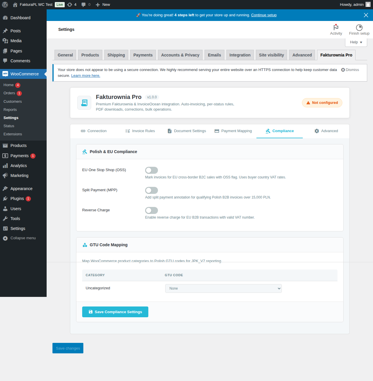 Compliance settings tab