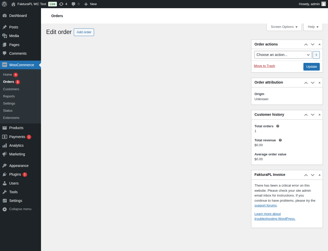 Order meta box showing invoice status, number, and controls