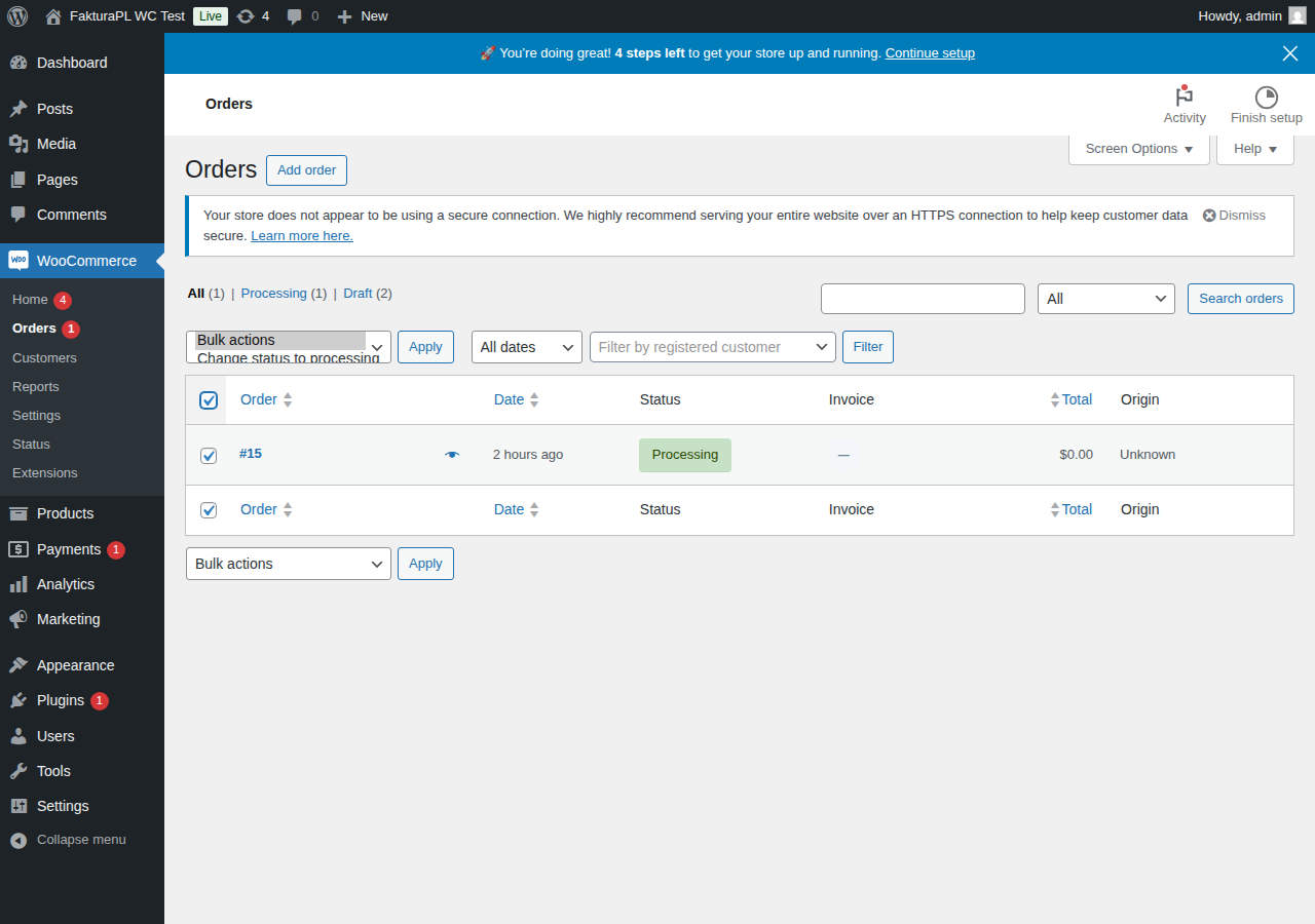 Bulk actions for invoice generation on the orders list