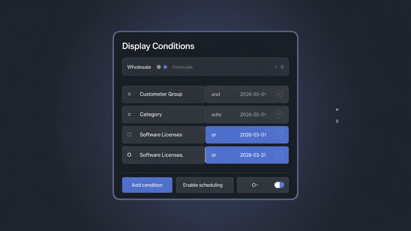 Conditions panel showing available rule types with AND/OR logic selector