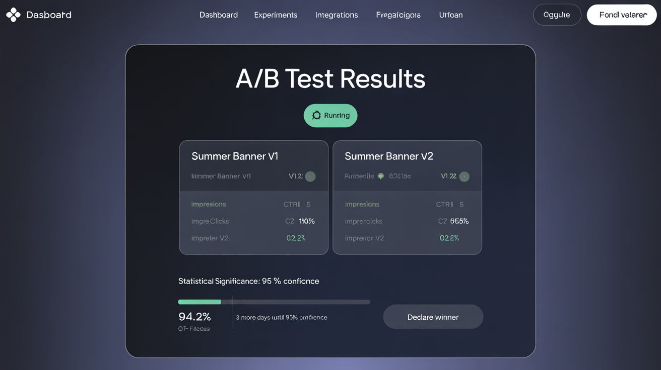 A/B testing setup panel showing variant editor, traffic split slider, and conversion goal selector