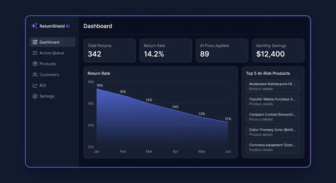 ReturnShield AI dashboard showing return rate trends, product risk scores, customer segments, and the AI action queue